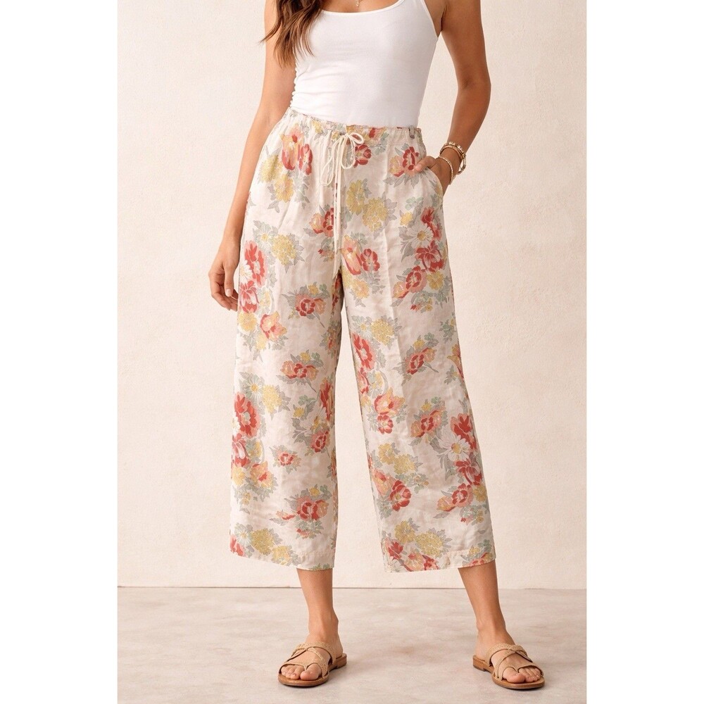 Johnny Was Women’s Medium 100% Silk Floral Wide Leg Cropped Trouser Pants